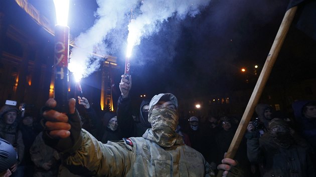 Protesty v Kyjev na podporu blokdy separatistickch republik v Donbasu (14. bezna 2017)