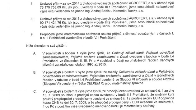 Vicepremir a ministr financ Andrej Babi (ANO) zveejnil zvry zprv auditorskch firem EY a PWC o svch pjmech. Na snmku je tet strana zprvy EY (10. bezna 2017).