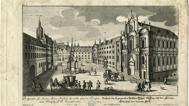 F. B. Werner: Pohled na horní Malostranské náměstí, mědiryt, kolem 1740