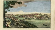 Anonym, Pohled na Prahu od Smíchova, kolorovaný mdiryt, kolem 1740