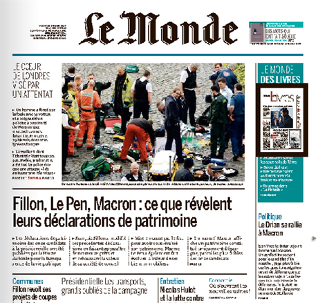 Tituln strana Le Monde (23. bezna 2017)