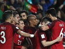 Fotbalisté Portugalska se radují z gólu v utkání kvalifikace mistrovství svta...