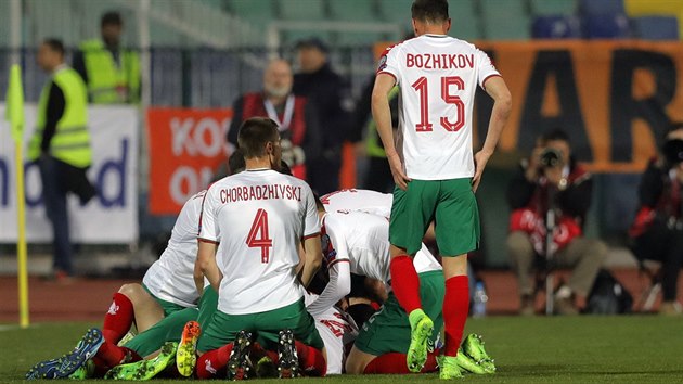 Bulhart fotbalist oslavuj jeden ze vstelench gl v domcm kvalifikanm duelu proti Nizozemsku.