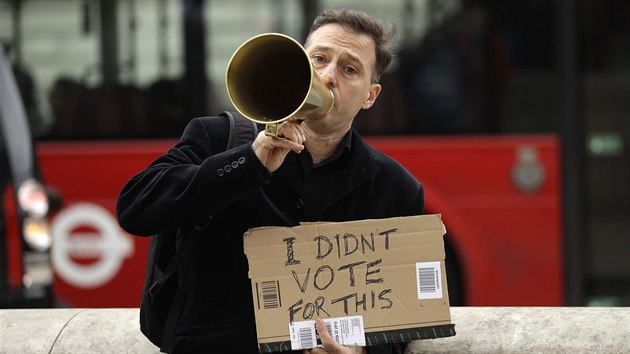 Mu protestuje proti brexitu u sdla britsk premirky v Londn