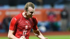 eský útoník Michael Krmeník se raduje z gólu proti Litv