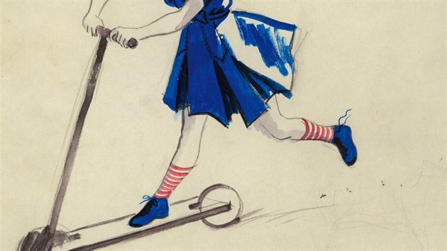 Dívka v modrých šatech na ilustraci z roku 1940