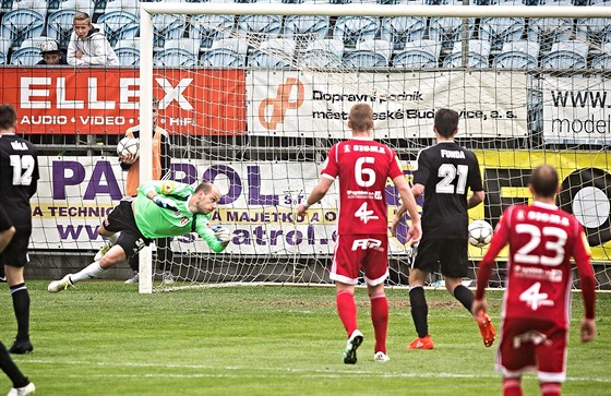 Budjovický gólman Zdenk Kíek inkasuje v duelu proti Olomouci.