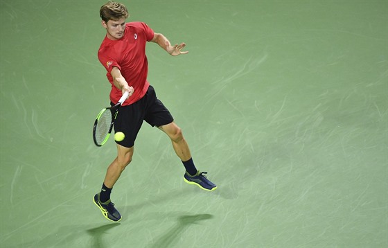 Belgický tenista David Goffin returnuje ve čtvrtfinále Davis Cupu.