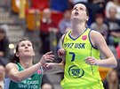 Alena Hanuová (vpravo) z USK Praha v utkání s Györem bojuje na doskoku se...