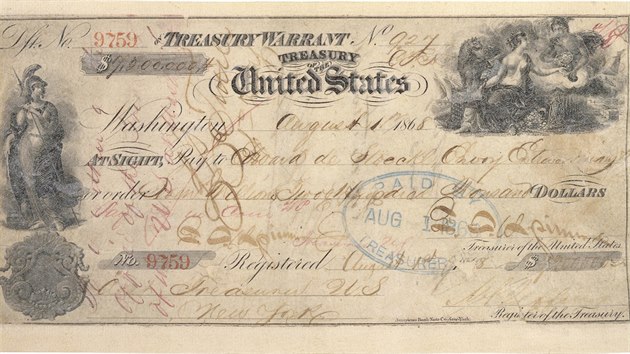Šek na 7,2 milionu dolarů, za něž Amerika koupila v roce 1867 od Ruska Aljašku