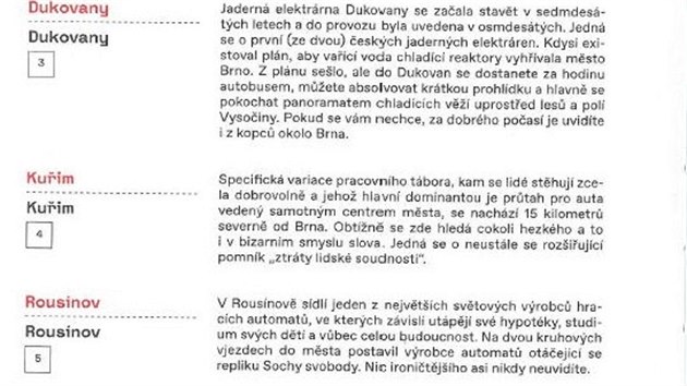 Jízlivé pasáže o městech a obcích v okolí Brna, které vyšly v publikaci To je Brno, vydané Turistickým informačním centrem Brna.