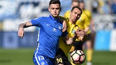 Roman Poto�ný z Liberce (vlevo) a Jan Moravec z Karviné v souboji o mí�