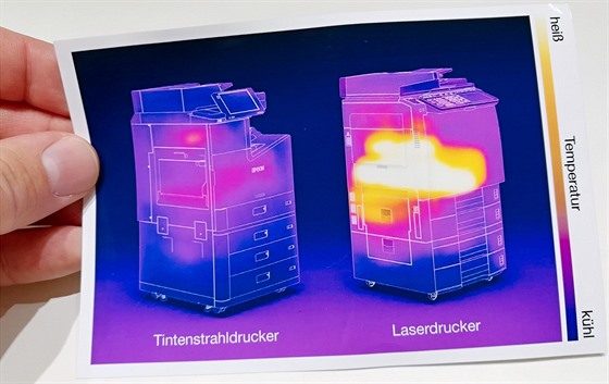 Kanceláské tiskárny pohledem termokamery - vlevo inkoustová, vpravo laserová