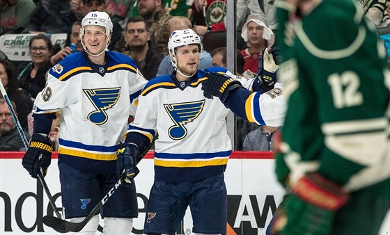 Vladimír Sobotka (vpravo) a Jay Bouwmeester ze St. Louis slaví gól proti...