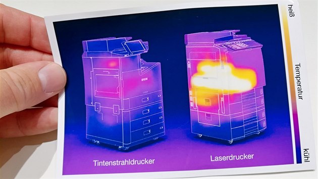 Kanceláské tiskárny pohledem termokamery - vlevo inkoustová, vpravo laserová