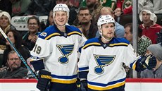 Vladimír Sobotka (vpravo) a Jay Bouwmeester ze St. Louis slaví gól proti...