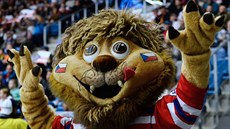 Maskot se raduje během utkání českých a norských hokejistů.