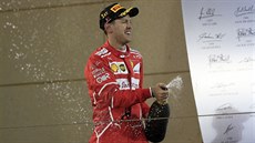 Sebastian Vettel slaví triumf ve Velké cen Bahrajnu.
