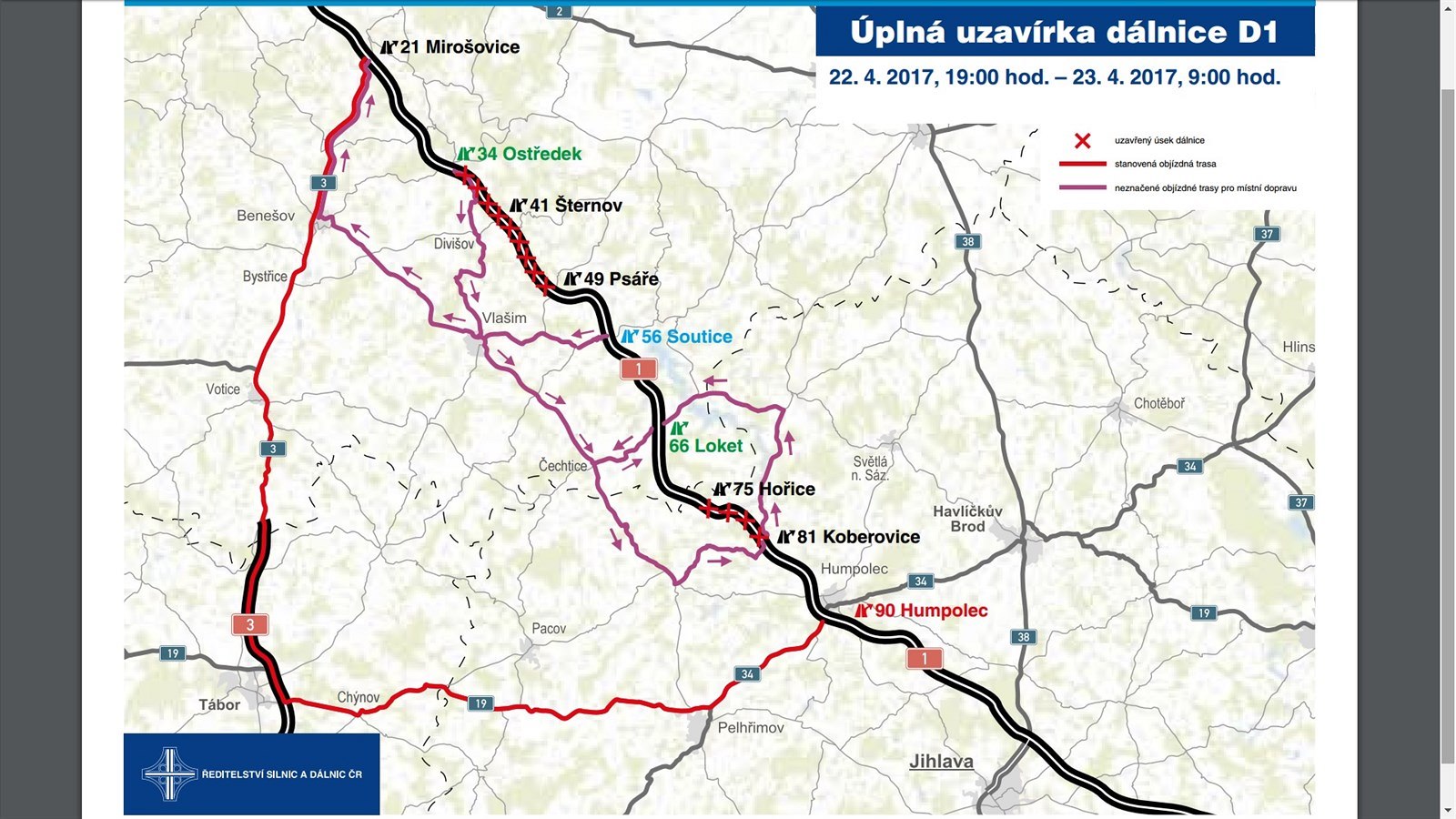 mapa uzavírek Fotogalerie: Mapa uzavírek částí dálnice D1 a objízdných tras. mapa uzavírek