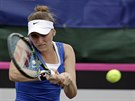 Debutantka Markéta Vondrouová bhem semifinále Fed Cupu s USA.