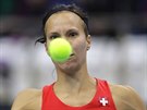 výcarka Viktorija Golubiová uhýbá míku bhem semifinále Fed Cupu s...