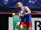 Kateina Siniaková bhem druhého dne semifinále Fed Cupu s USA.