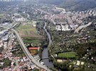 Letecký pohled na Brno. eka Svratka a Jundrov.