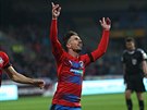 TAM NAHORU. Plzeský záloník Milan Petrela slaví gól proti Dukle, trefu...