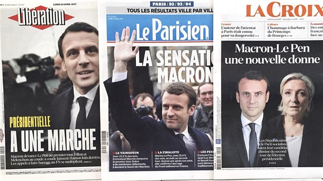 Titulní strany francouzských deníků po prvním kole prezidentských voleb (24. dubna 2017)