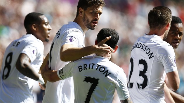 Fotbalist Swansea se raduj z glu v ligovm utkn se Stoke. Trefil se panl Fernando Llorente (druh zleva).