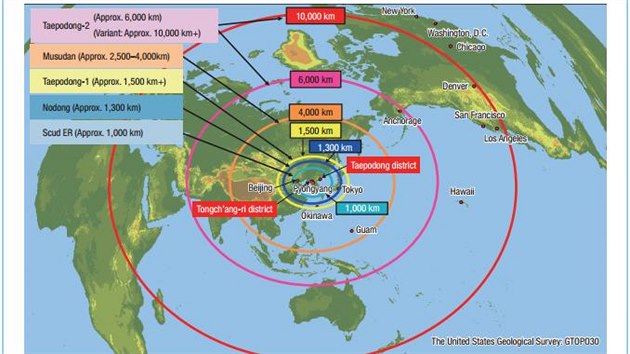 Dosah severokorejskch raket podle japonskho ministerstva obrany
