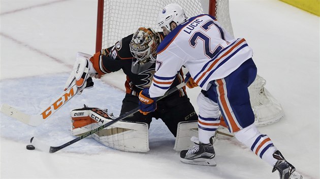 Edmontonsk tonk Milan Lucic v anci ped brankem Johnem Gibsonem z Anaheimu.