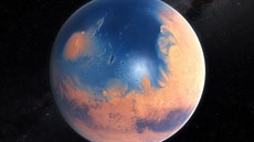 Umělecká představa povrchu Marsu před přibližně čtyřmi miliardami let, kdy se...