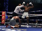 Anthony Joshua slaví titul boxerského mistra svta v tké váze. U jeho nohou...