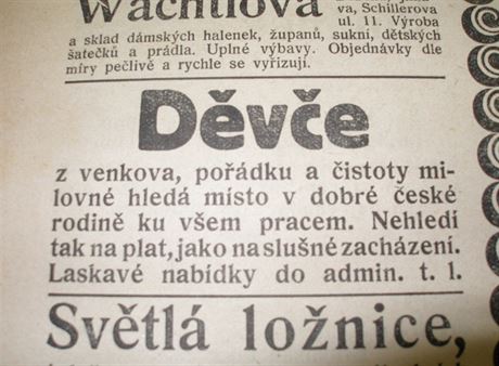 Jeden z inzerát v novinách, které na Jihlavsku vyly ped sto lety.