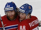 Čeští hokejisté oslavují gól proti Bělorusku, zleva Kundrátek, Voráček a...