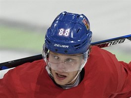 David Pastr�ák na tréninku �eských hokejist� v pa�í�ské hale Bercy