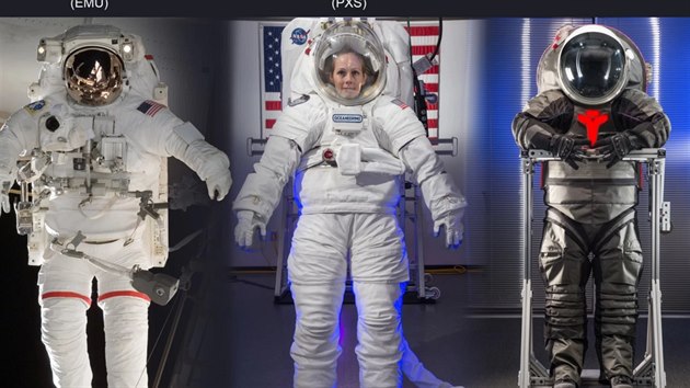 Tři NASA vyvíjené skafandry pro výstup do volného vesmíru. Vlevo je nová generace skafandrů EMU, takzvaný xEMU. Uprostřed prototyp dnes již zrušeného programu Constellation Space Suit System. Vpravo pak tzv. Z-Suit, který se vyvíjí v rámci tzv. Advanced Space Suit Program.