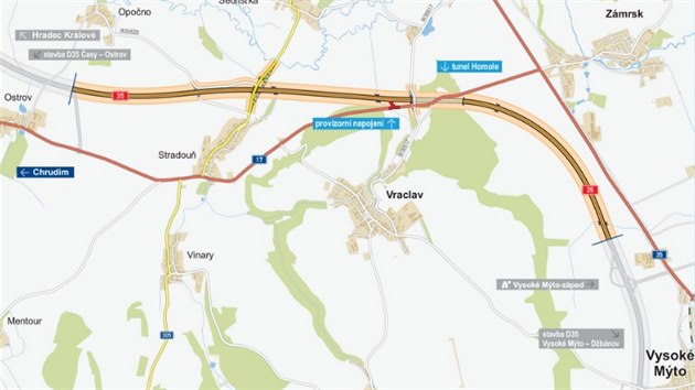 Dálnice D35 skončí na šedě vyznačeném provizorním sjezdu za obcí Ostrov. Za Stradouní před plánovaným tunelem má vzniknout dle požadavku obce provizorní napojení na stávající silnici I/17.