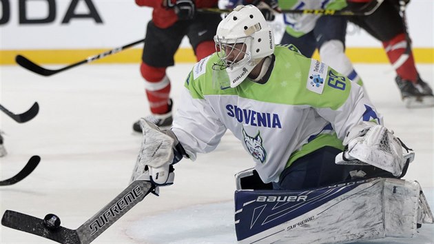 Slovinský brankář Matija Pintarič zasahuje v duelu proti Švýcarsku.