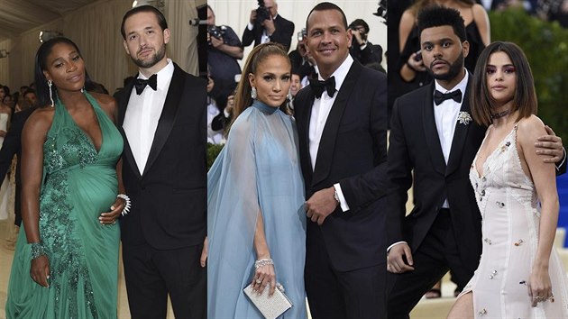 Serena Williamsov a Alexis Ohanian, Jennifer Lopezov a Alex Rodriguez, Selena Gomezov a The Weekend  na Met Gala (New York, 1. kvtna 2017)