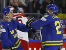 védský hokejista Joel Lundqvist slaví gól se svým spoluhráem Joelem...