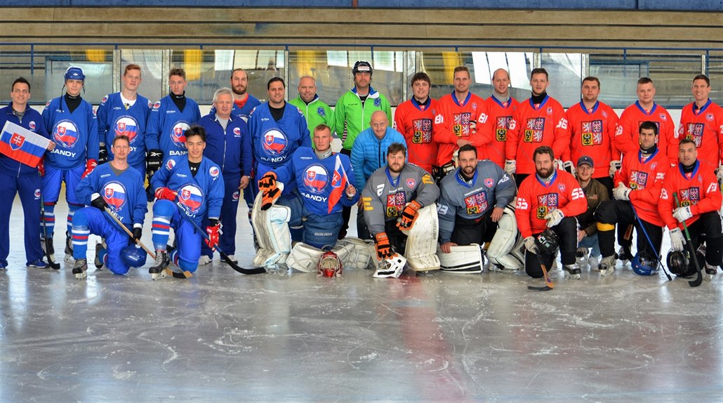 Spole�ný snímek �eské a slovenské reprezentace v bandy.