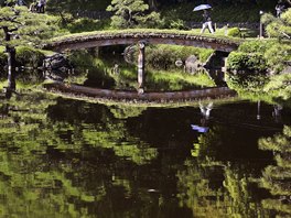 PROCHÁZKA ZAHRADOU. ena se sluneníkem pechází most pes rybníek v zahradách...
