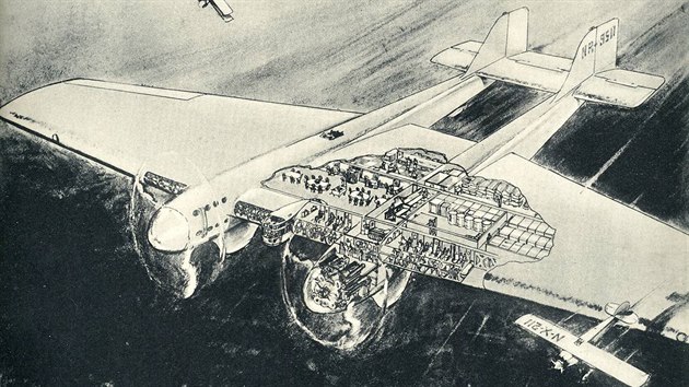 Na specilnm velkoletadle nezaal W. W. Christmas natst vnji pracovat. Vpravo dole je na ilustraci zobrazen rekordn stroj Charlese Lindbergha, kter se proslavil peletem Atlantiku mezi New Yorkem a Pa.