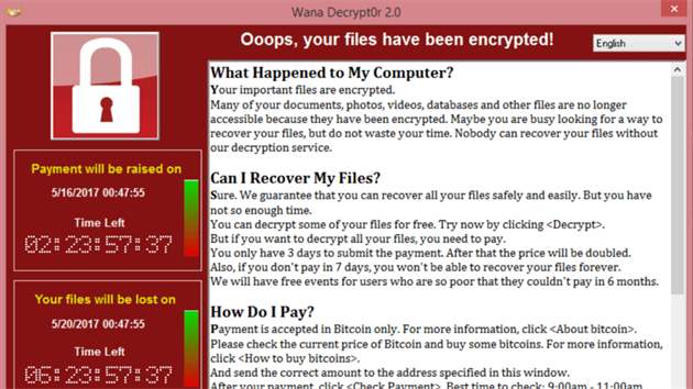 Zpráva vyděračského viru WannaCry, která vyžaduje platbu.