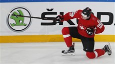 výcarský hokejista Fabrice Herzog slaví gól do sít Finska.
