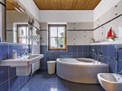 Podkrovní koupelna hrav kombinuje bílou a modrou mozaiku na obkladech.
