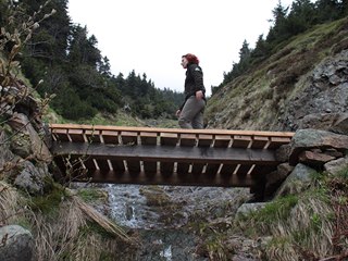 Mostek p�es Rudn� potok v Ob��m dole v Krkono��ch znovu slou�� (25. 5. 2017).