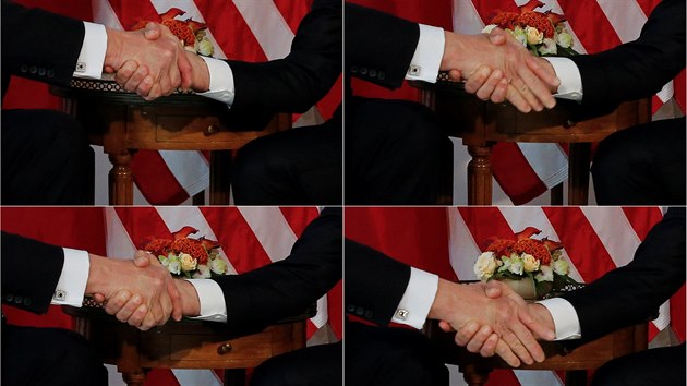 Fotograife zachycujc podn ruky mezi Donaldem Trumpem (vlevo) a  Emmanuelem Macronem (vpravo). (25.5. 2017)